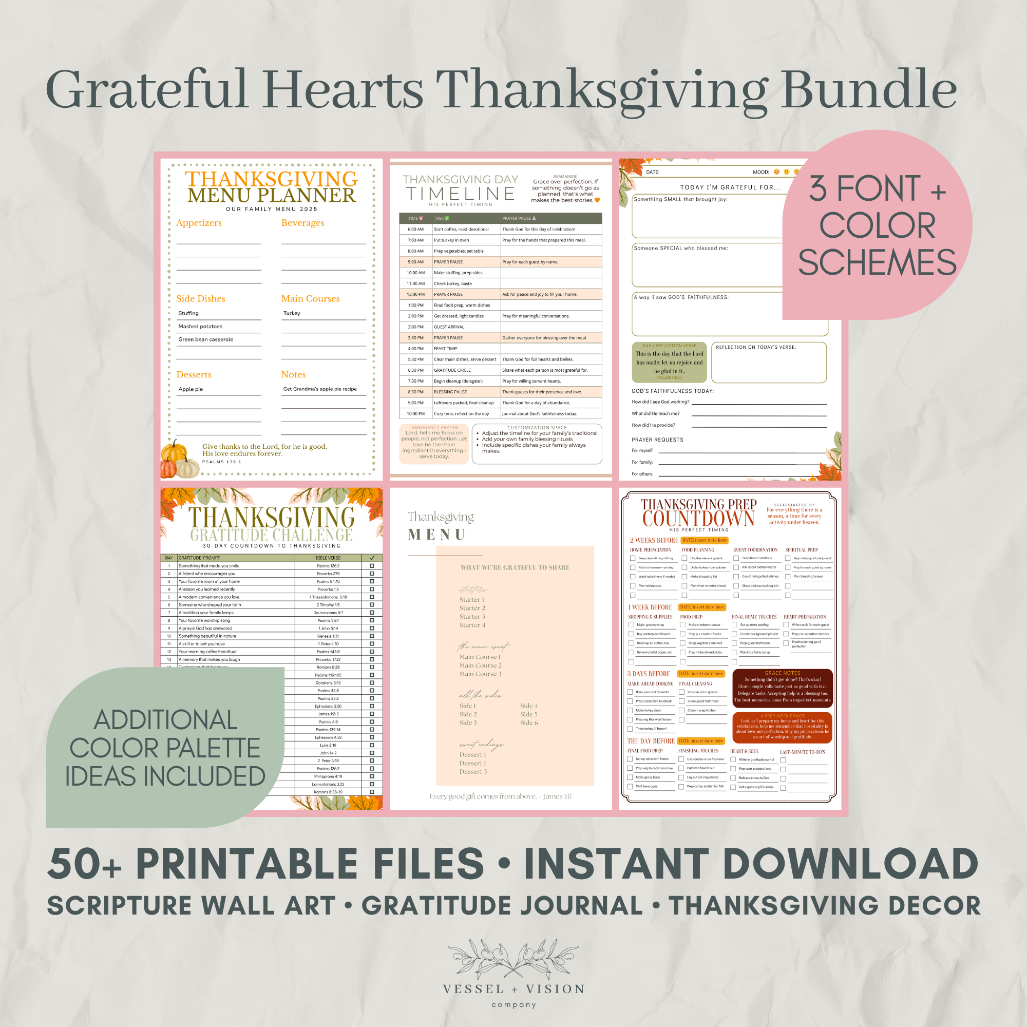 Thanksgiving planner bundle with various pages on a light gray background